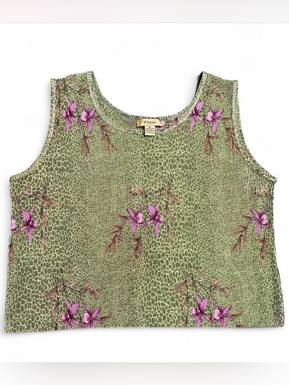 Vintage Y2K Whimsigoth Green Pleated Snake Print Purple Floral Crop Tank Top